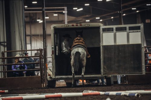 Jason Irwin loads a horse in a trailer